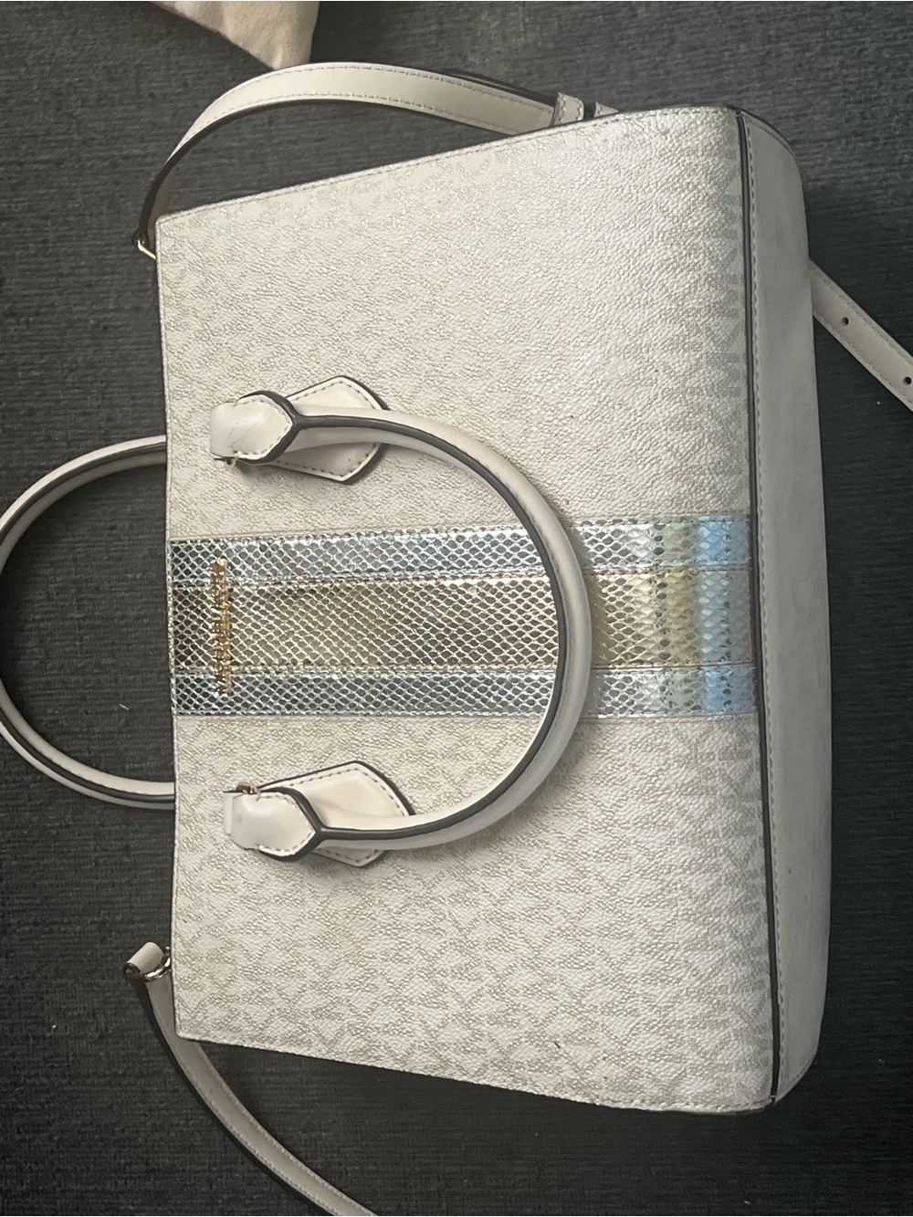 Michael Kors White Satchel with Iridescent Metallic Stripe
